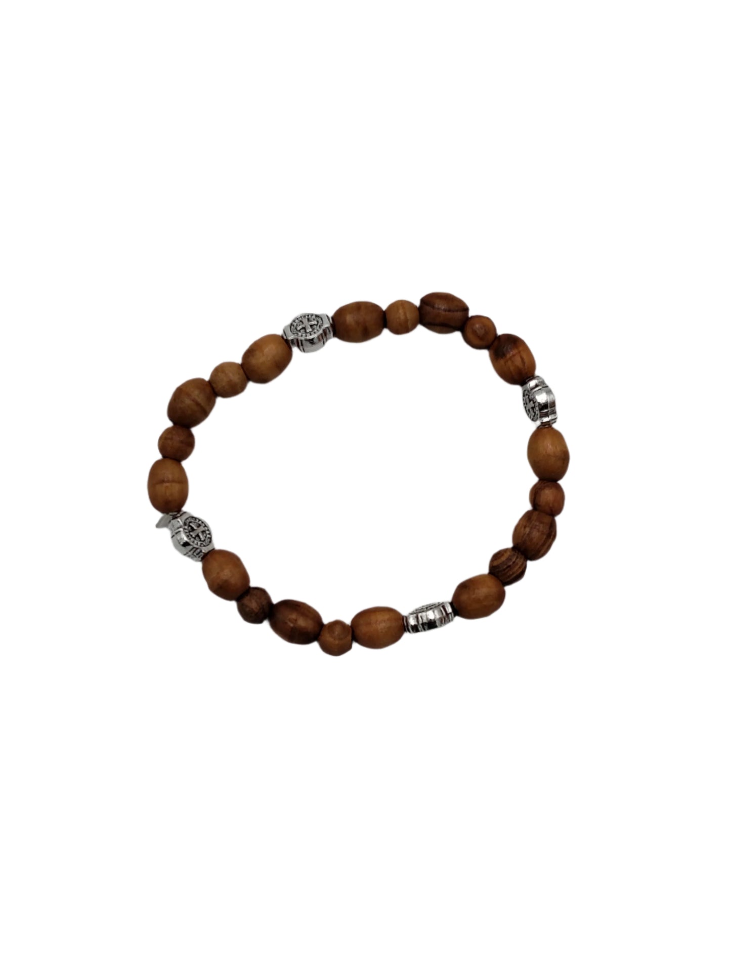Stretchy Olivewood Rosary Bracelet with Silver Cross Charms