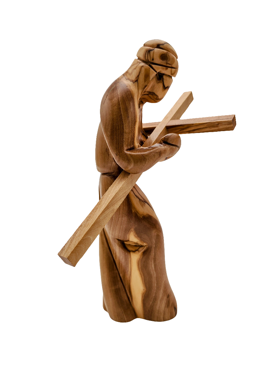 Olivewood Statuette of Jesus Christ Carrying the Cross - 22 cm