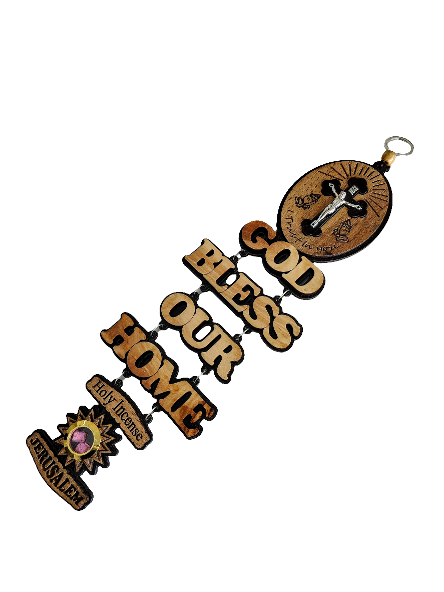 God Bless Our Home Wooden Wall Hanging with Crucifix - 37 cm