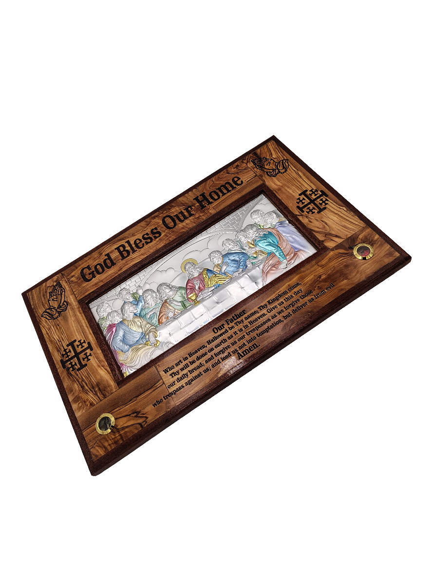 Silver-Plated Large Olivewood Last Supper Plaque with the Lord's Prayer - 49 cm x 31 cm
