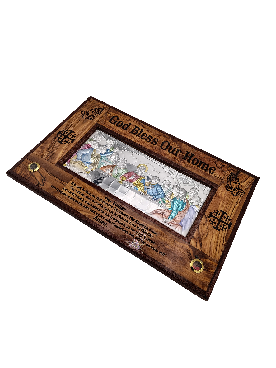 Silver-Plated Large Olivewood Last Supper Plaque with the Lord's Prayer - 49 cm x 31 cm