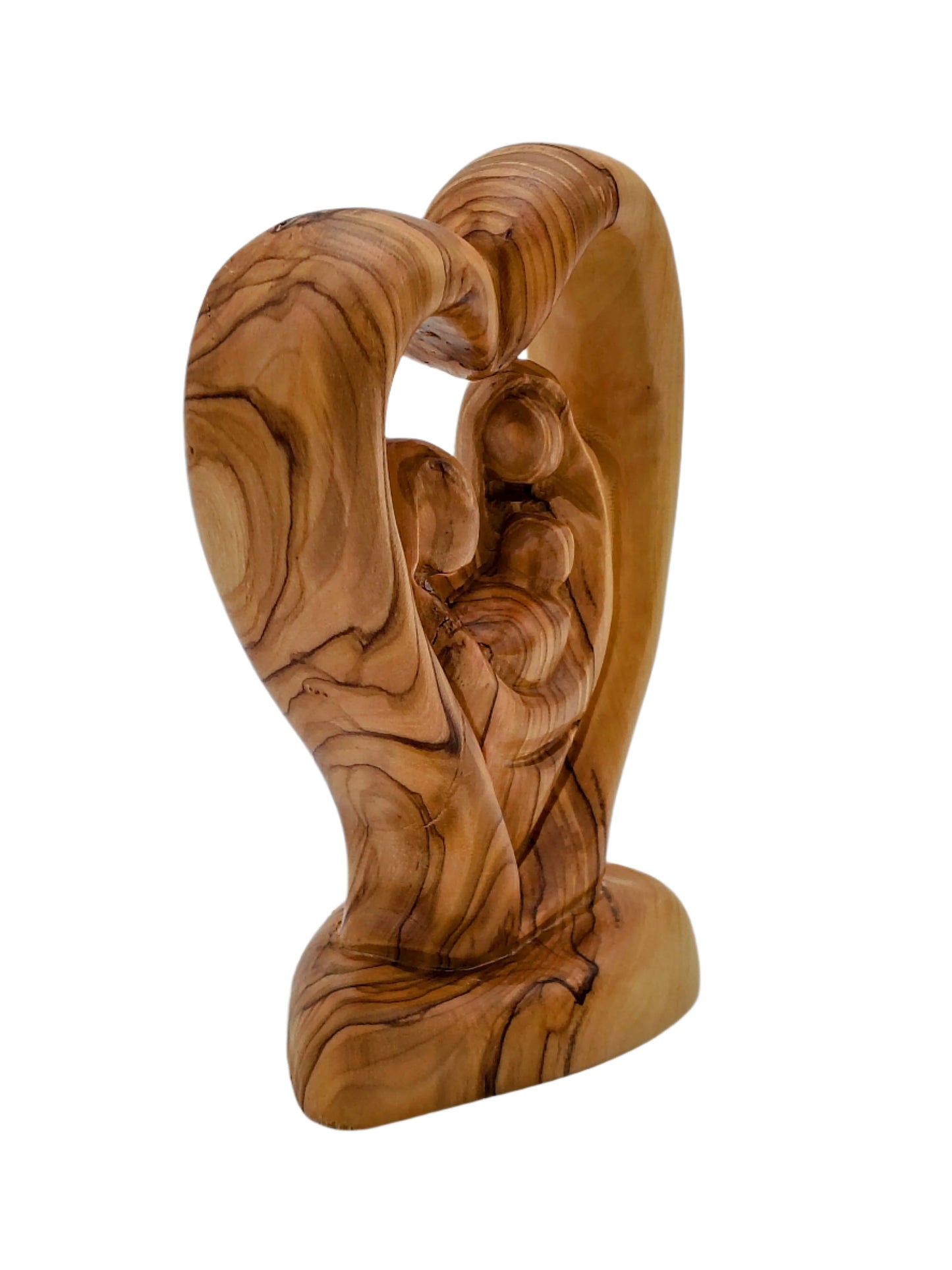 Olivewood Heart-Shaped Holy Family Statuette - 13.5 cm