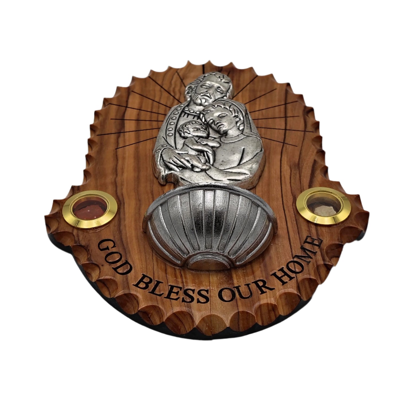 Olivewood Holy Family Plaque with Holy Water Bowl 16 cm x 12 cm