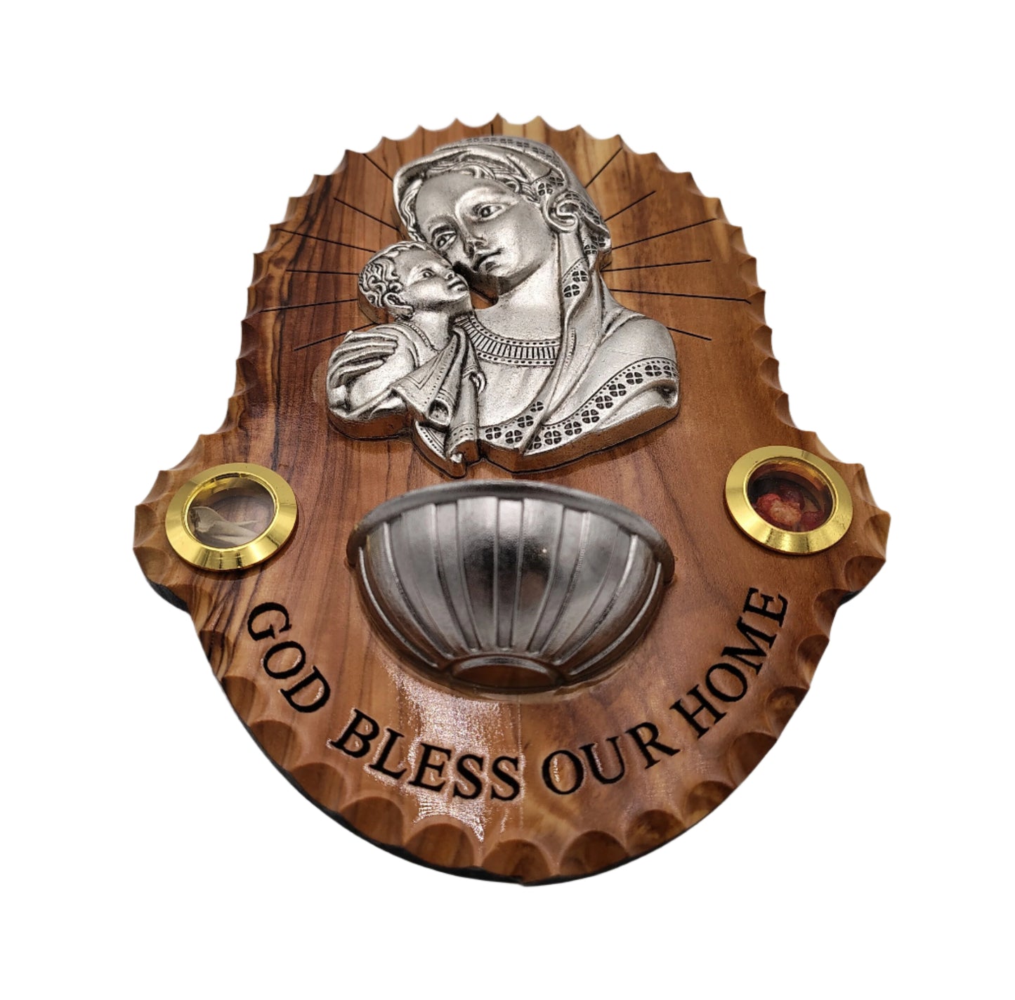 Olivewood Plaque of Jesus and the Virgin Mary with Holy Water Bowl 16 cm x 12 cm