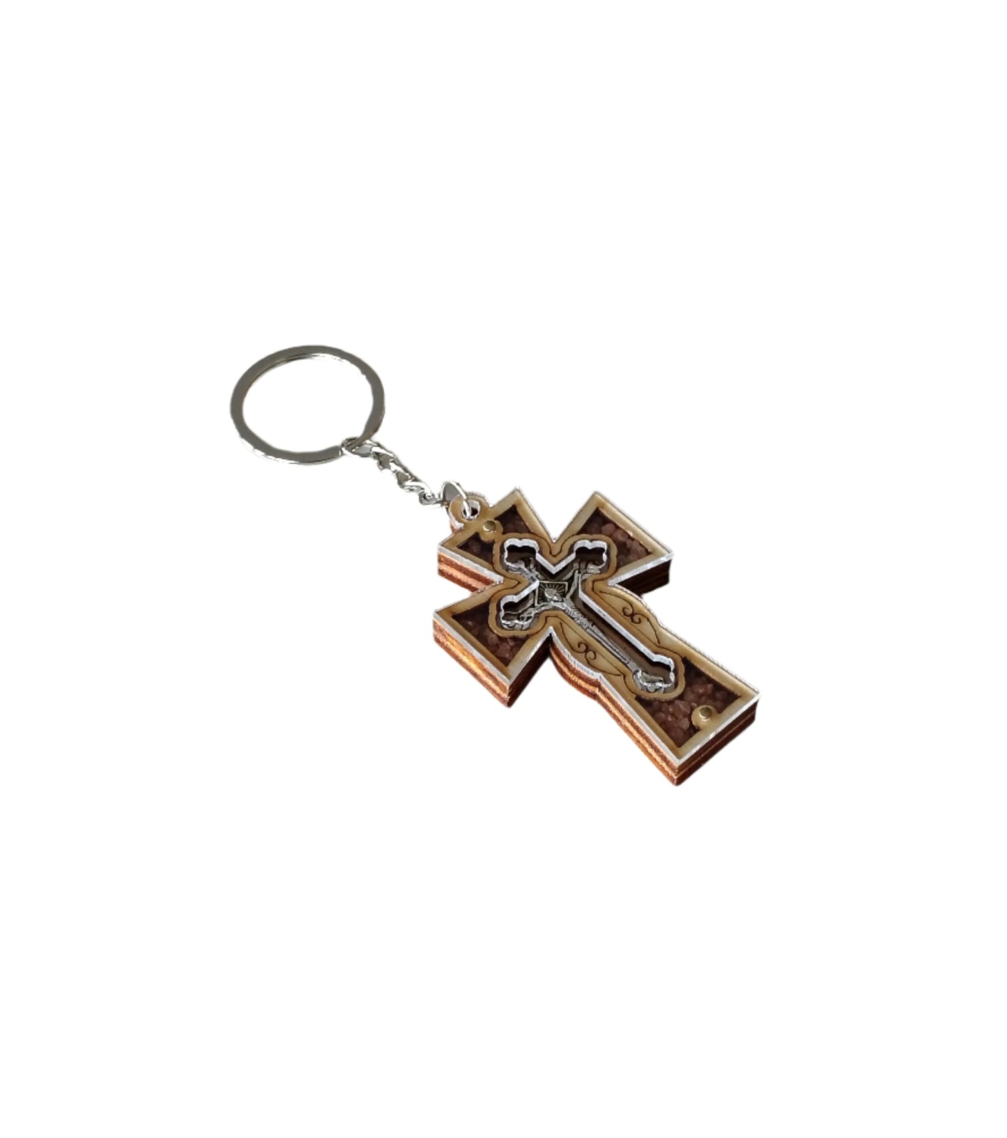 Crucifix Keychain with Brown Stones
