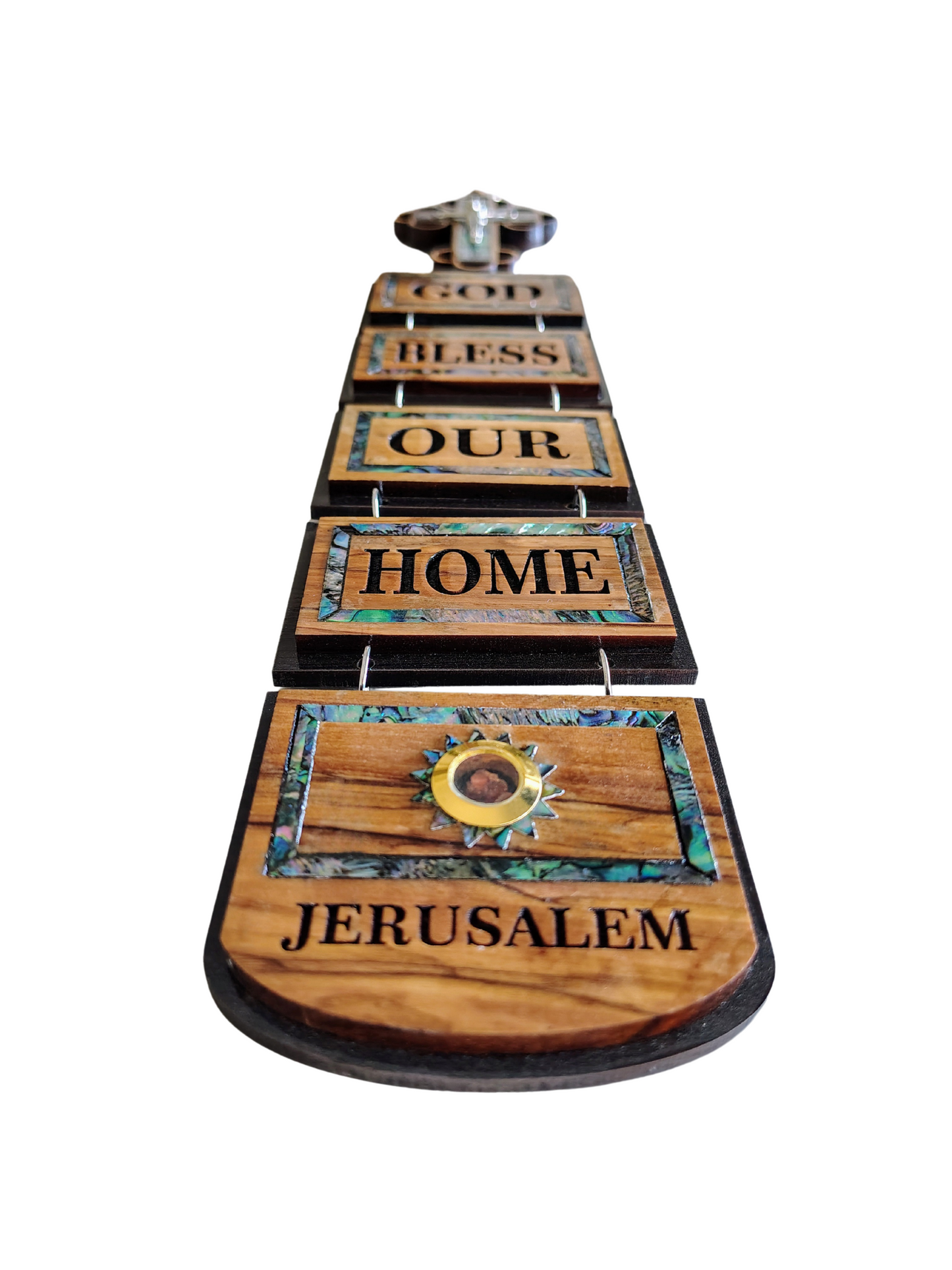 Mother of Pearl Olivewood God Bless Our Home Wall Hanging - 42 cm