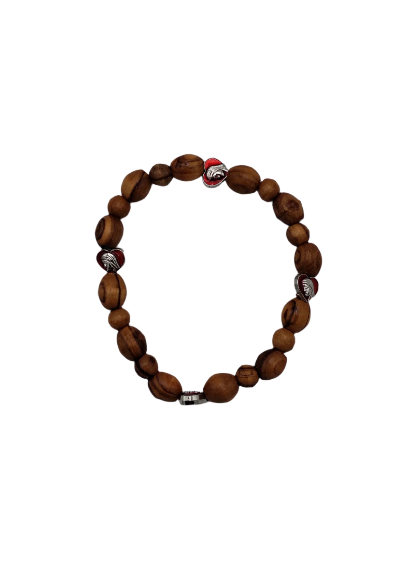 Stretchy Olivewood Rosary Bracelet with Red and Silver Heart Charms