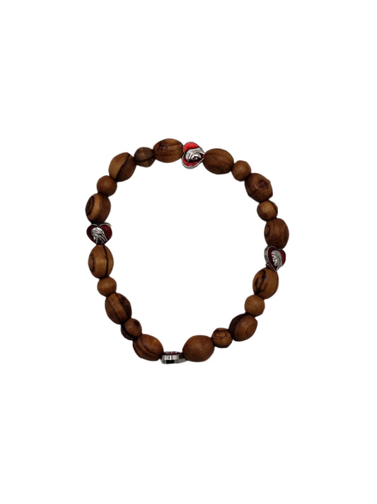 Stretchy Olivewood Rosary Bracelet with Red and Silver Heart Charms