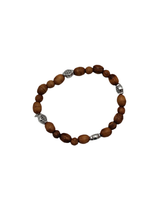 Stretchy Olivewood Rosary Bracelet with Silver Cross Charms