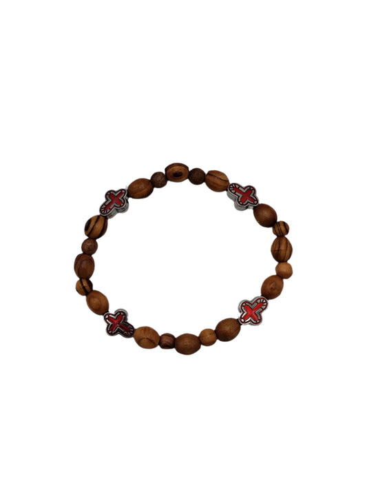 Stretchy Olivewood Rosary Bracelet with Red Cross Charms