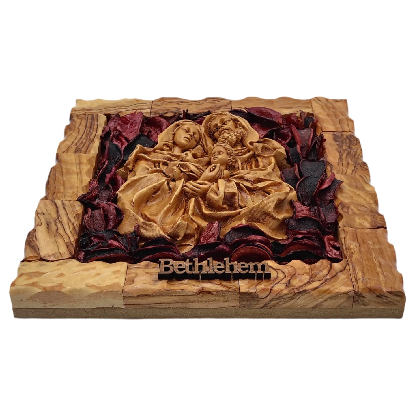 Olivewood Holy Family Plaque - 25 cm x 23 cm
