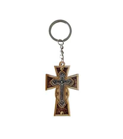Crucifix Keychain with Brown Stones