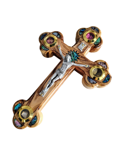 Mother of Pearl Olivewood Wall Cross with Star - 18 cm