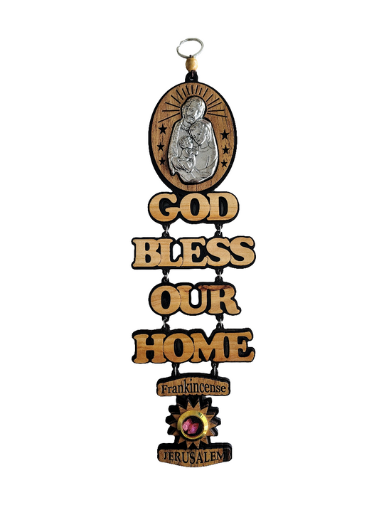 God Bless Our Home Wooden Wall Hanging with the Holy Family - 37 cm