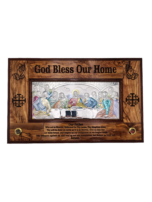 Silver-Plated Large Olivewood Last Supper Plaque with the Lord's Prayer - 49 cm x 31 cm