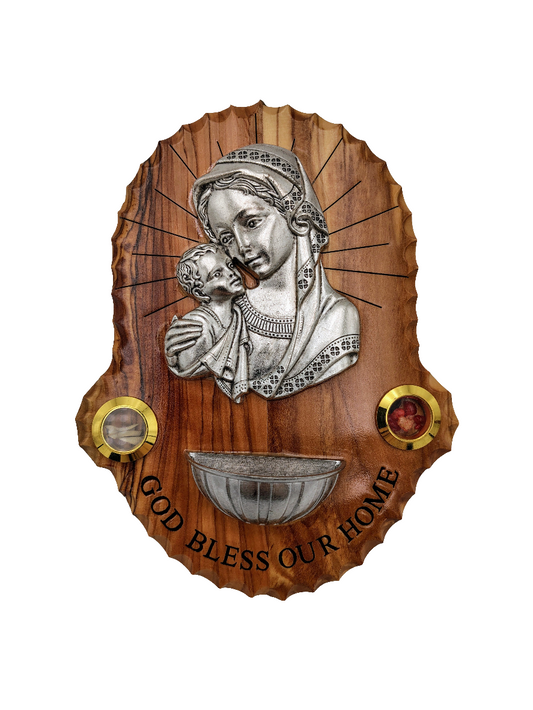 Olivewood Plaque of Jesus and the Virgin Mary with Holy Water Bowl 16 cm x 12 cm
