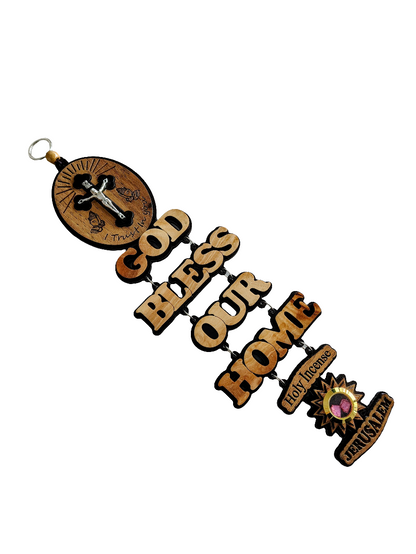 God Bless Our Home Wooden Wall Hanging with Crucifix - 37 cm