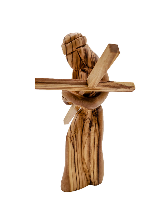Olivewood Statuette of Jesus Christ Carrying the Cross - 22 cm
