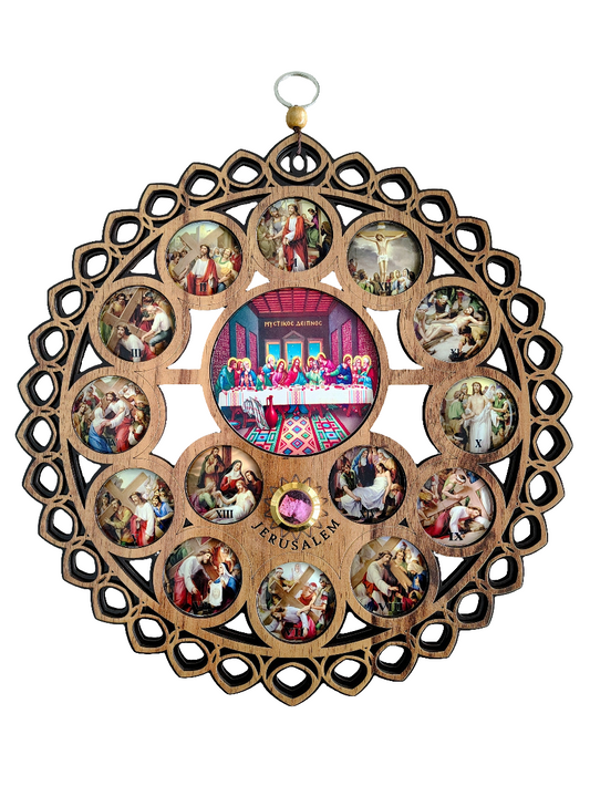 Wooden Wall Plaque with 14 Stations of the Cross and Last Supper Icons
