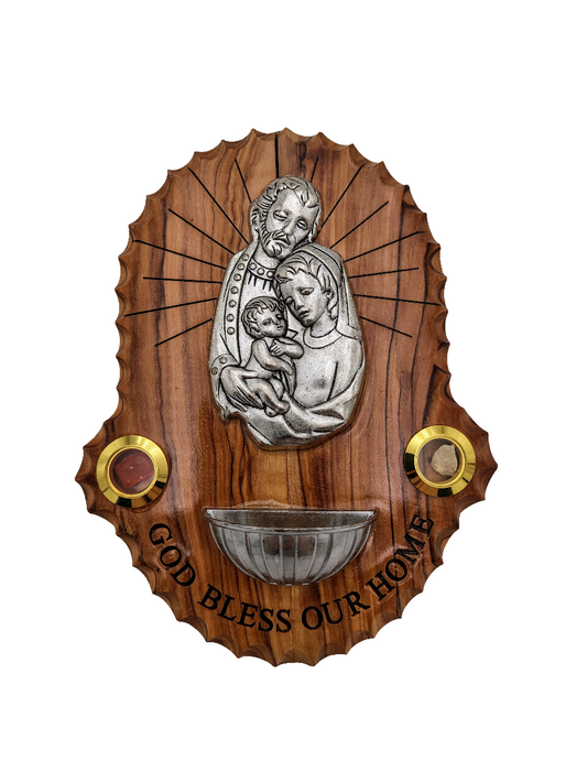 Olivewood Holy Family Plaque with Holy Water Bowl 16 cm x 12 cm