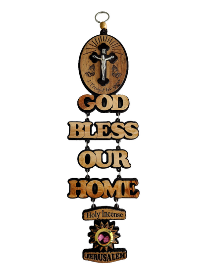 God Bless Our Home Wooden Wall Hanging with Crucifix - 37 cm
