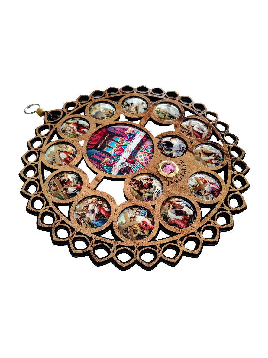 Wooden Wall Plaque with 14 Stations of the Cross and Last Supper Icons