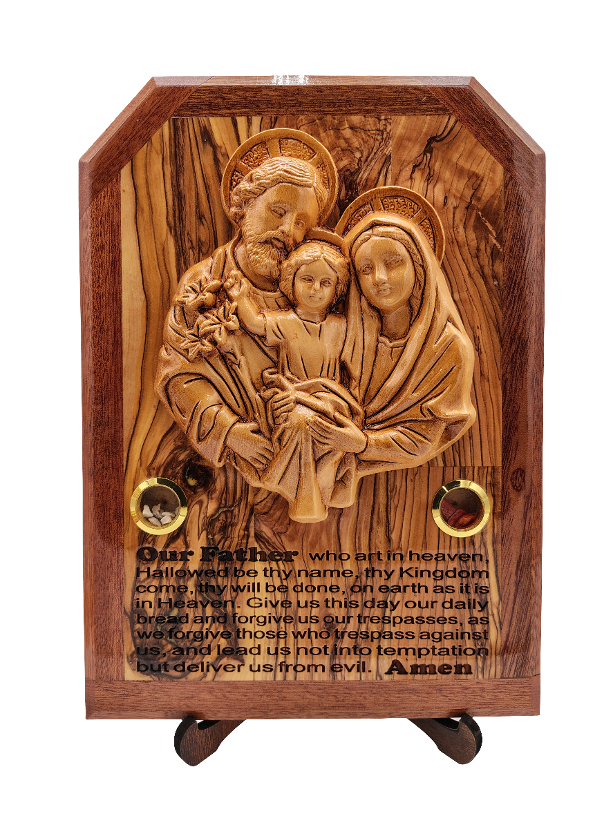 Olivewood Holy Family Plaque with the Lord's Prayer - 28.5 cm x 20 cm