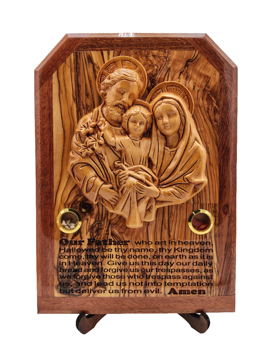 Olivewood Holy Family Plaque with the Lord's Prayer - 28.5 cm x 20 cm