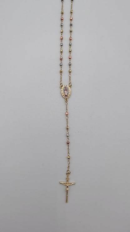 Our Lady of Guadalupe Sterling Silver Tri-Colour Rosary Necklace with Gold-Tone Detailing