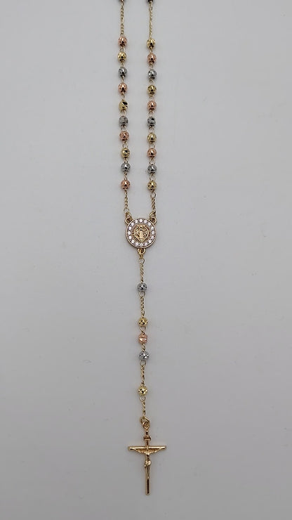 St Benedict Sterling Silver Tri-Colour Rosary Necklace with Gold-Tone Detailing