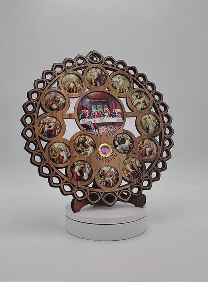 Wooden Wall Plaque with 14 Stations of the Cross and Last Supper Icons