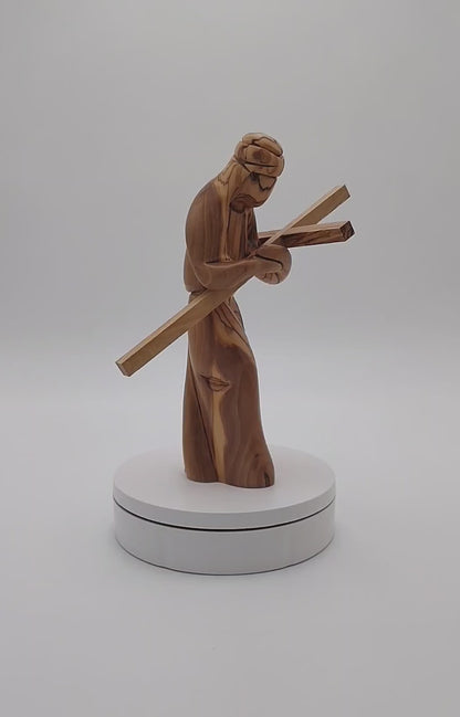Olivewood Statuette of Jesus Christ Carrying the Cross - 22 cm