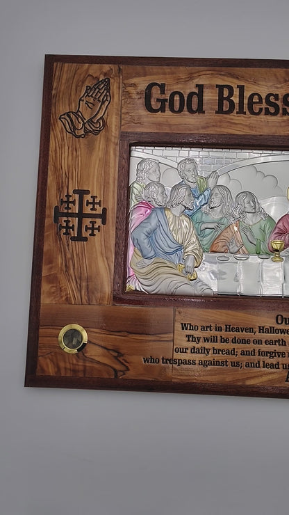 Silver-Plated Large Olivewood Last Supper Plaque with the Lord's Prayer - 49 cm x 31 cm