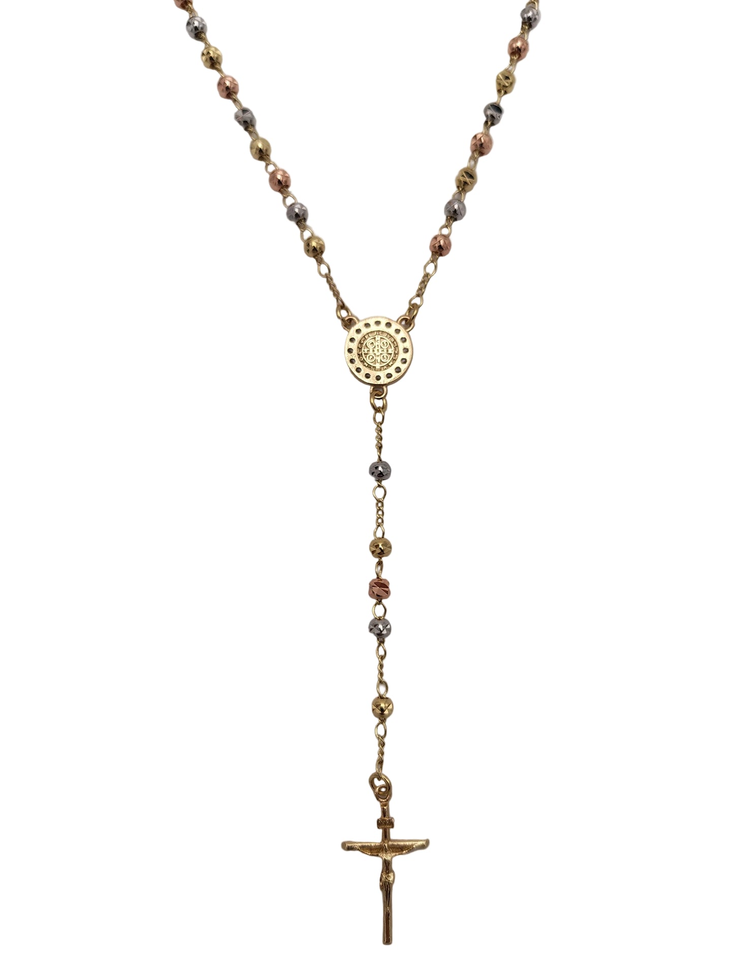 St Benedict Sterling Silver Tri-Colour Rosary Necklace with Gold-Tone Detailing