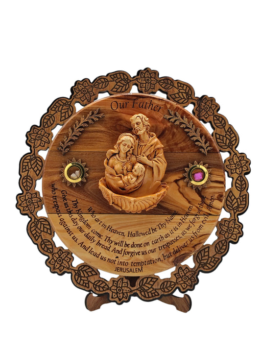 Olivewood Holy Family Plaque with the Lord's Prayer - 23 cm x 23 cm