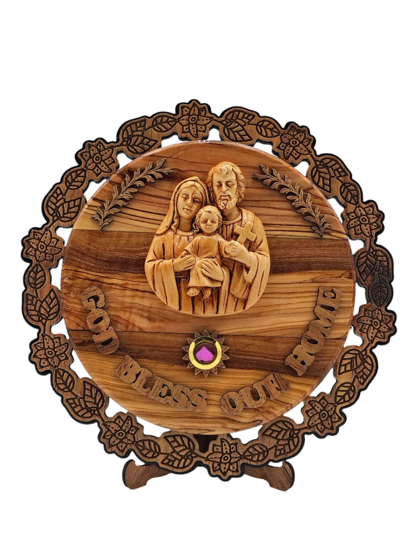 Olivewood God Bless Our Home Holy Family Plaque - 23 cm x 23 cm