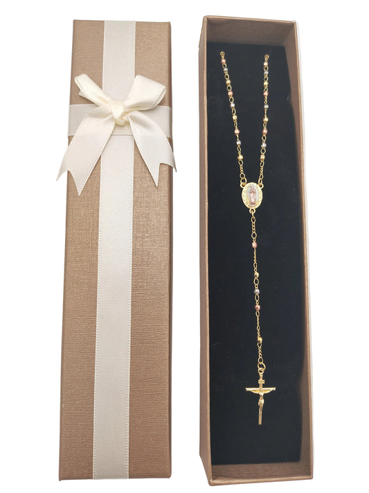 Our Lady of Guadalupe Sterling Silver Tri-Colour Rosary Necklace with Gold-Tone Detailing