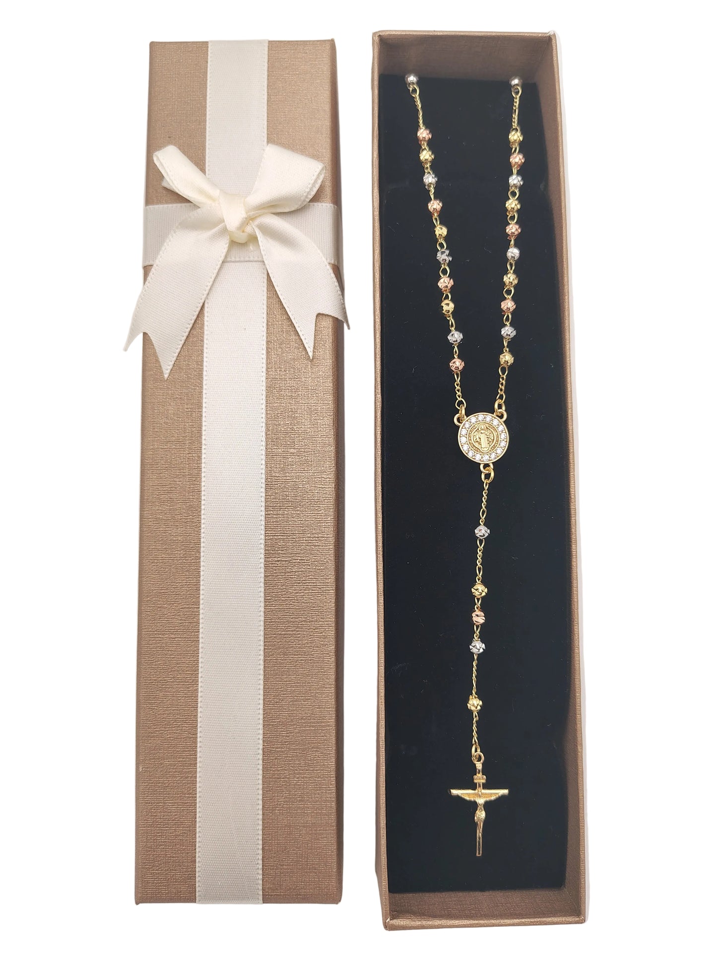 St Benedict Sterling Silver Tri-Colour Rosary Necklace with Gold-Tone Detailing