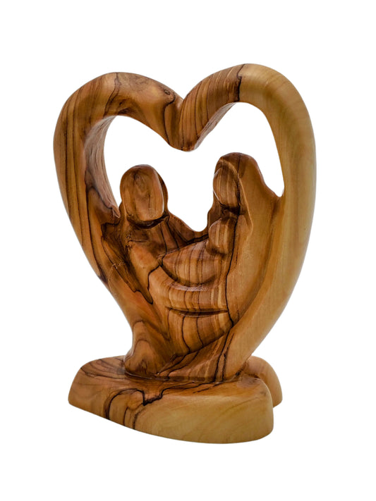 Olivewood Heart-Shaped Holy Family Statuette - 13.5 cm