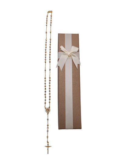 St Benedict Sterling Silver Tri-Colour Rosary Necklace with Gold-Tone Detailing