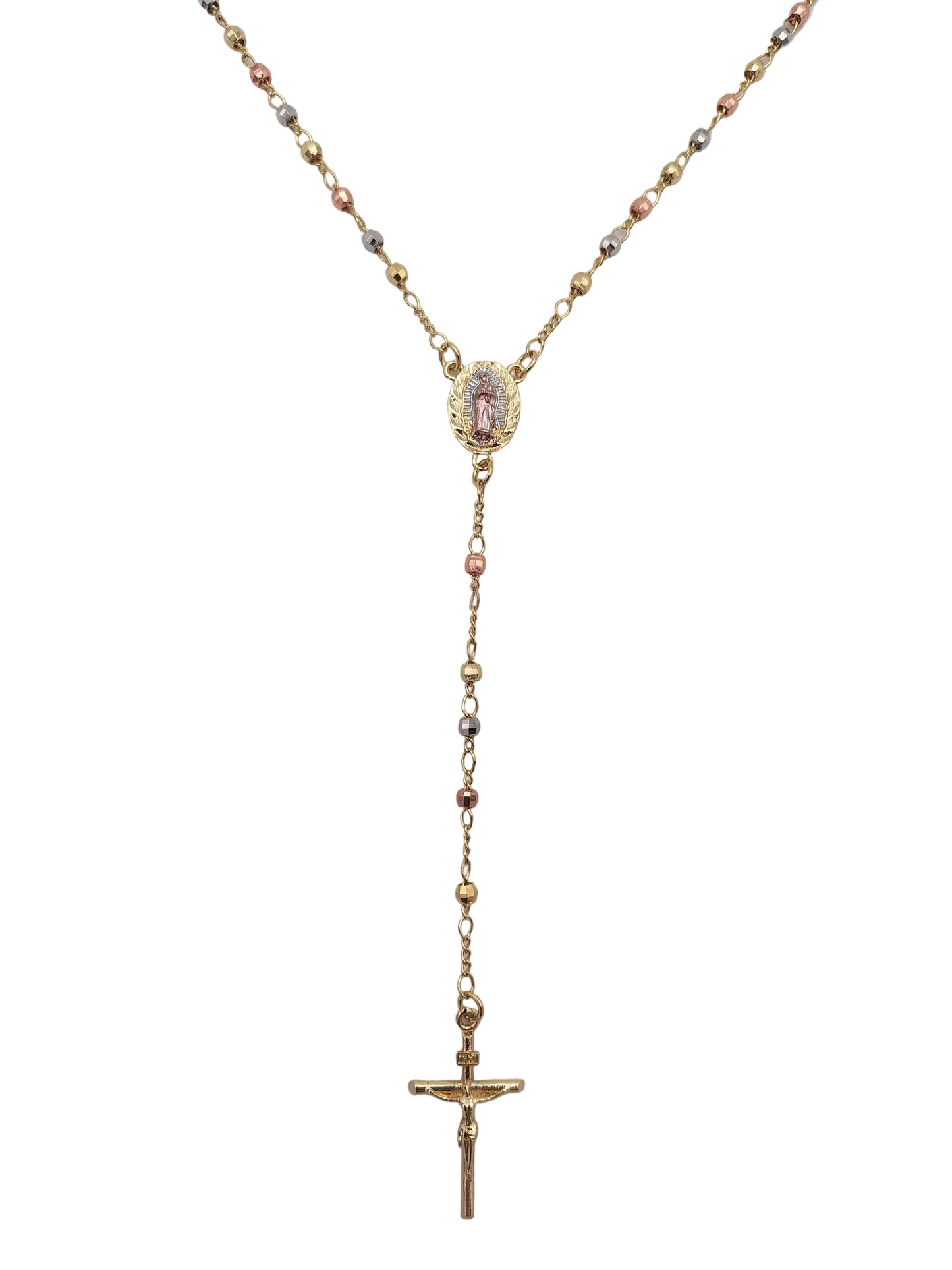 Our Lady of Guadalupe Sterling Silver Tri-Colour Rosary Necklace with Gold-Tone Detailing