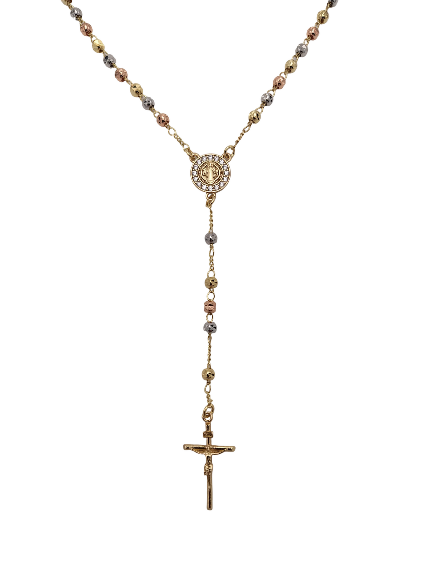 St Benedict Sterling Silver Tri-Colour Rosary Necklace with Gold-Tone Detailing