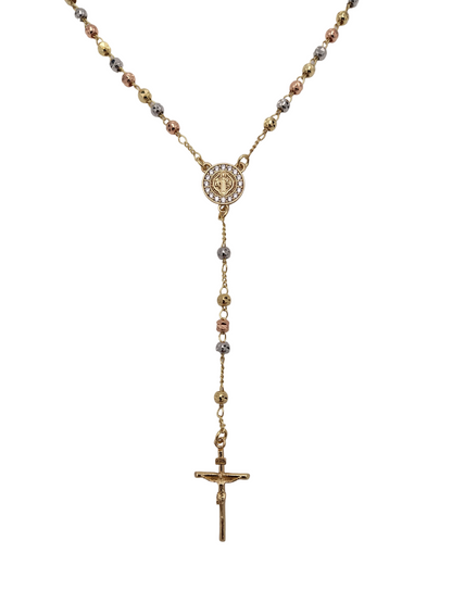St Benedict Sterling Silver Tri-Colour Rosary Necklace with Gold-Tone Detailing