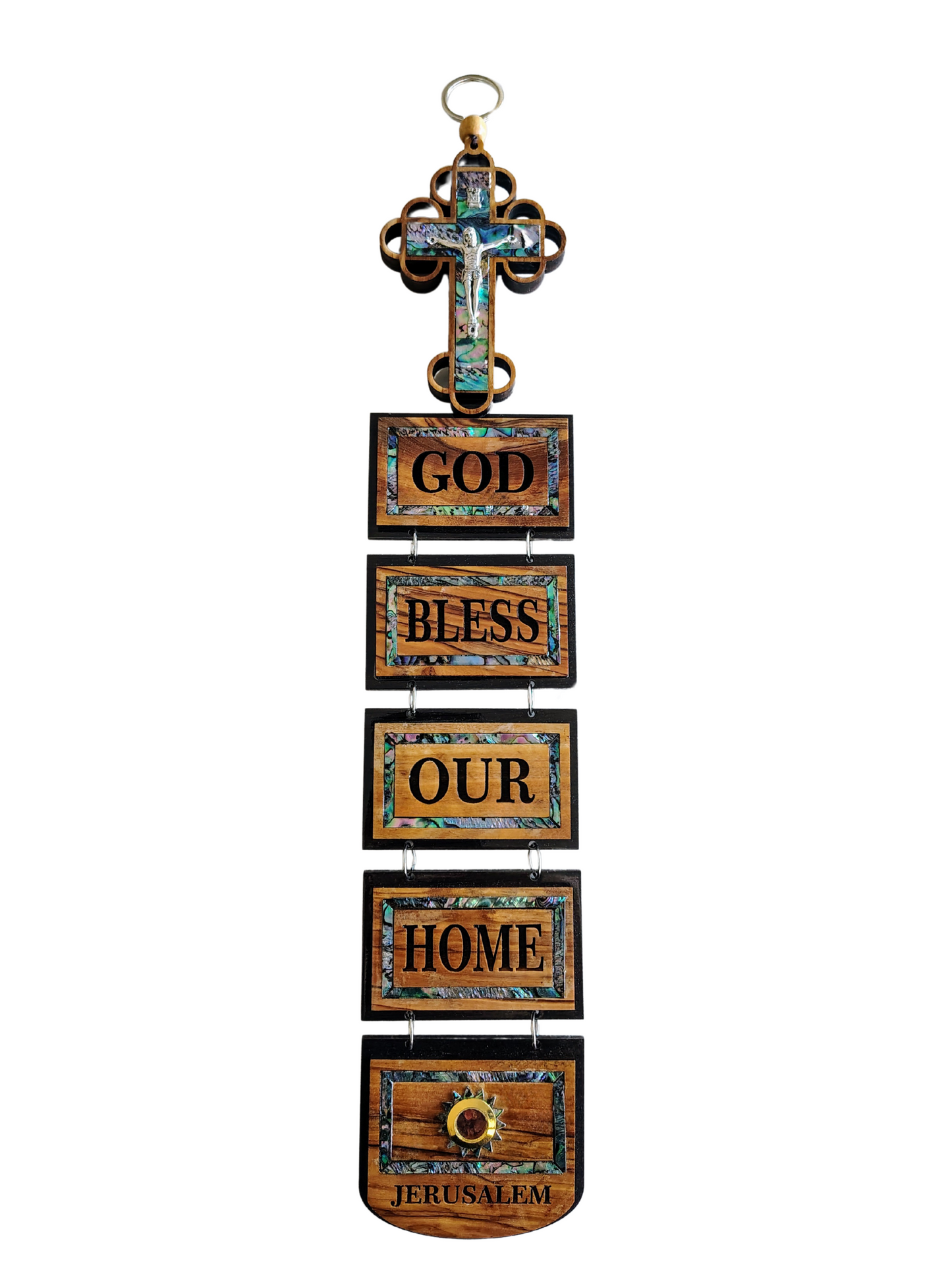 Mother of Pearl Olivewood God Bless Our Home Wall Hanging - 42 cm