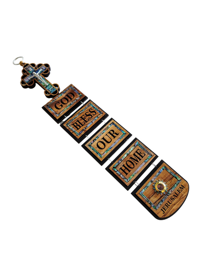 Mother of Pearl Olivewood God Bless Our Home Wall Hanging - 42 cm