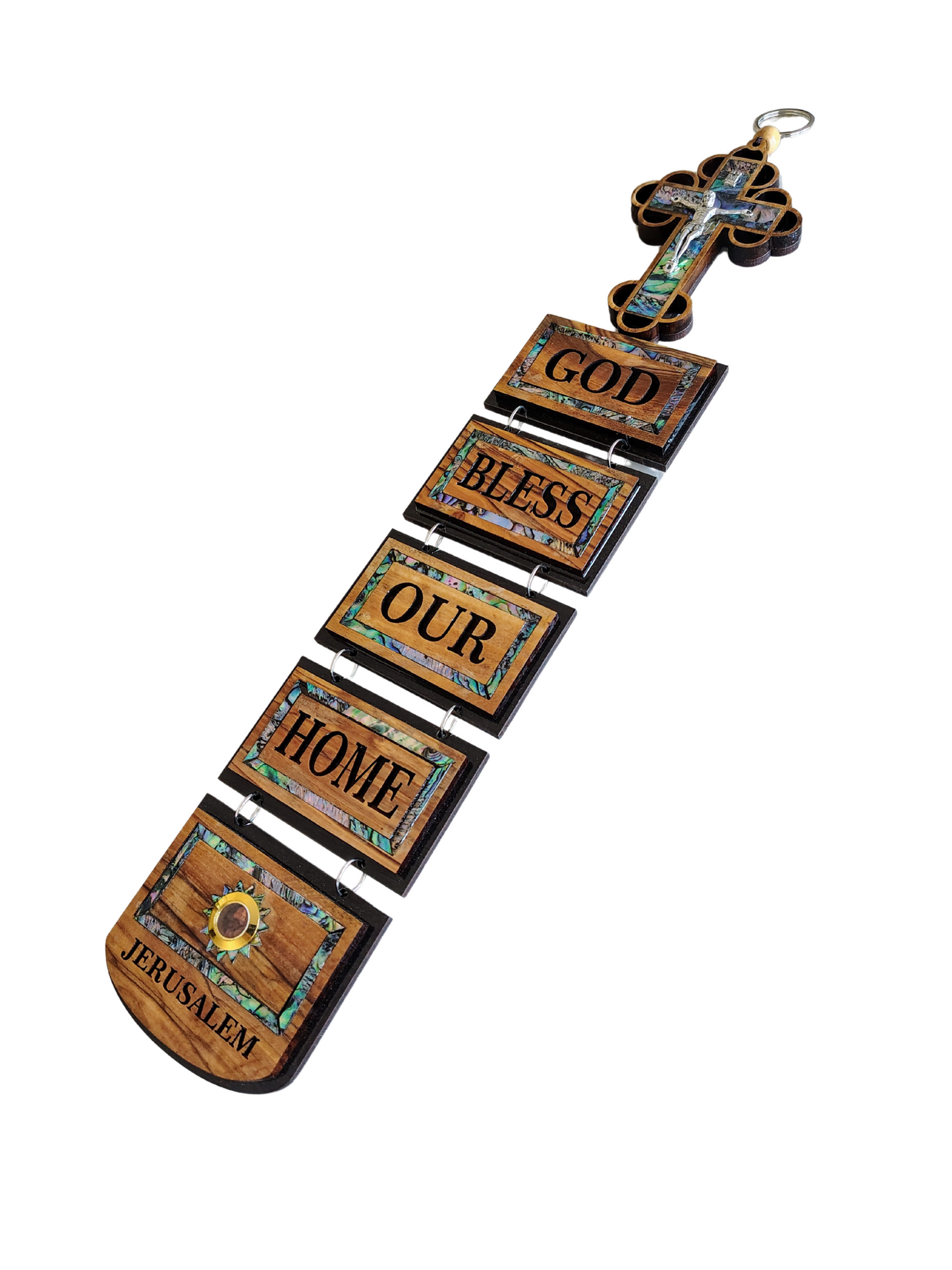 Mother of Pearl Olivewood God Bless Our Home Wall Hanging - 42 cm
