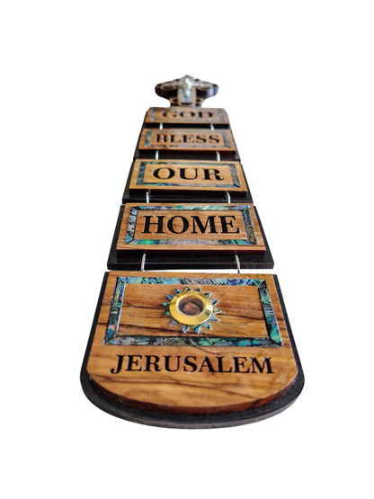 Mother of Pearl Olivewood God Bless Our Home Wall Hanging - 42 cm